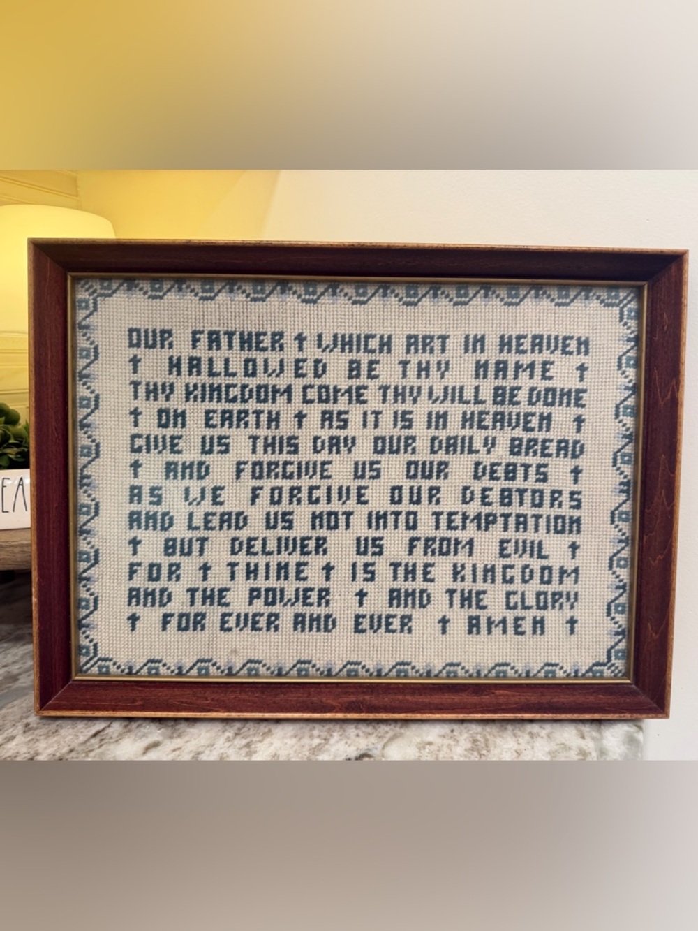 VTG 60’s Wood Framed Handmade Needlepoint Sampler W/ Lords Prayer Religious